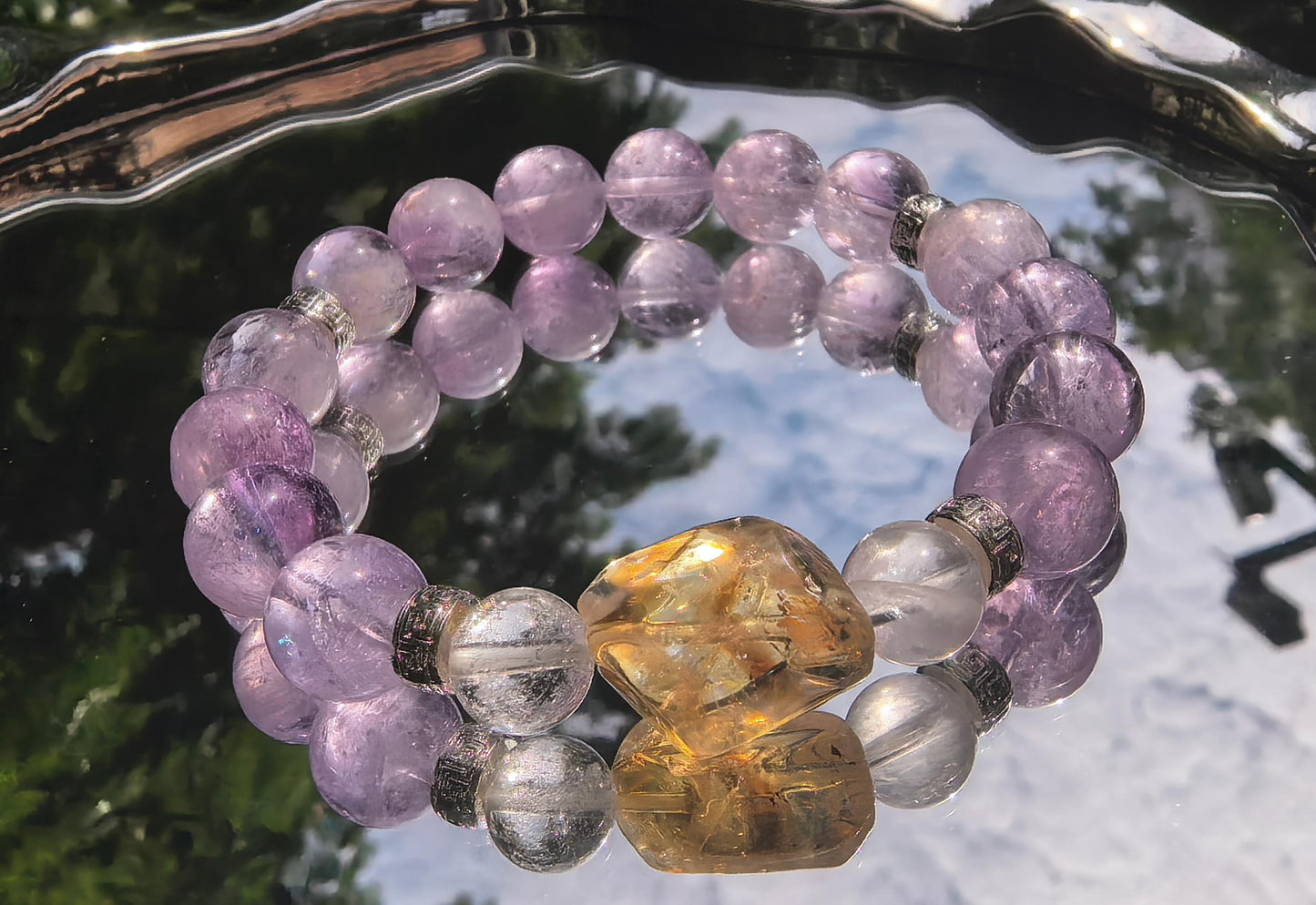 Imperial Harmony Bracelet: Charoite + Clear Quartz + Purple Goldstone|Wu Xing Water & Metal Energy for Intuition, Clarity & Wealth Flow