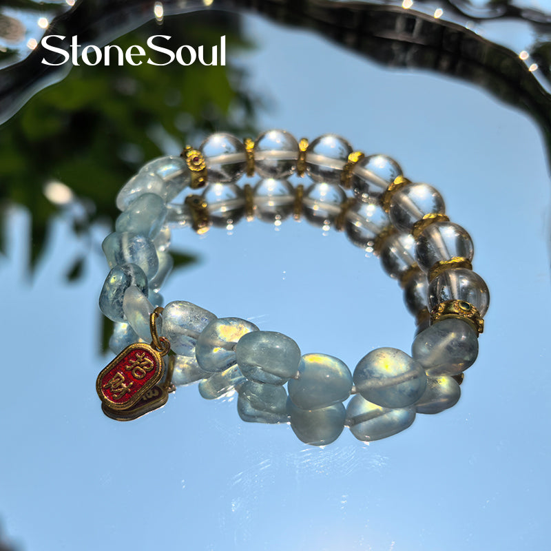 Clear Quartz & Aquamarine Energy Conductor Bracelet – Clarity + Courage Amplified, 24K Gold Spacers for Metal-Water Harmony (Feng Shui Approved)