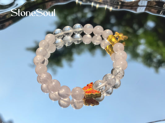 Clear Quartz & Rose Quartz Self-Love Duo – Amplify Love Vibes + Heal Heartbreak, Feng Shui Metal-Fire Harmony Bracelet