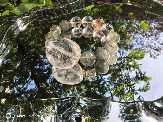 Clear Quartz & Green Rutilated Quartz Manifestation Bracelet – Wealth Attraction + Clarity Boost, Feng Shui Wood-Metal Energy for Career Success
