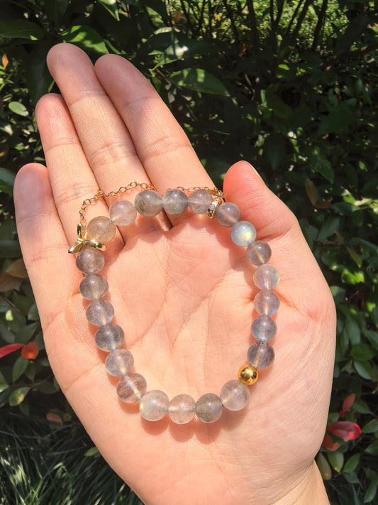 Harmony Flow Bracelet: Gray Moonstone & Gold Beads - Balance Five Elements Water, Metal & Earth Energies