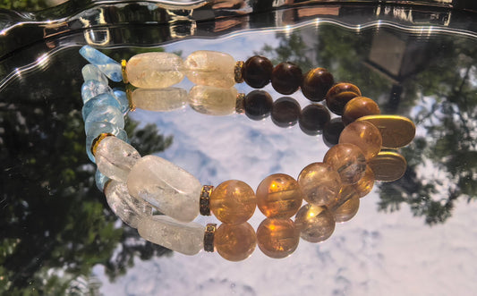 Harmony & Abundance Crystal Bracelet: Tigers Eye, Clear Quartz, Aquamarine & Golden Rutile Quartz