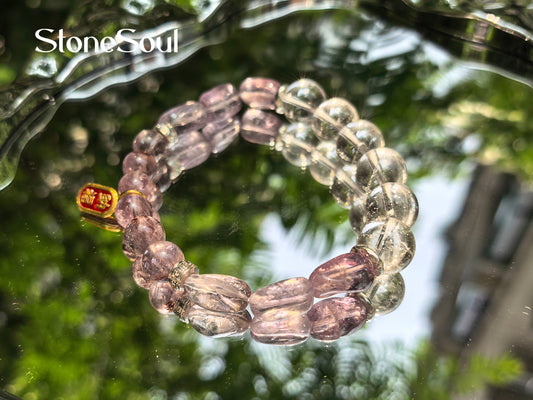 Harmonic Trinity Bracelet: White Quartz + Purple Phantom + Amethyst｜Wu Xing Metal & Fire Energy for Clarity, Wisdom & Manifestation