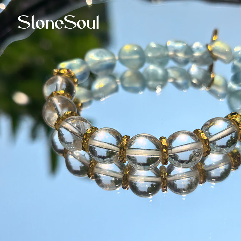 Clear Quartz & Aquamarine Energy Conductor Bracelet – Clarity + Courage Amplified, 24K Gold Spacers for Metal-Water Harmony (Feng Shui Approved)