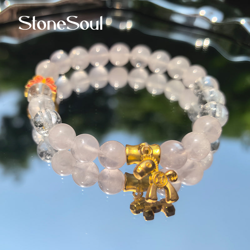 Clear Quartz & Rose Quartz Self-Love Duo – Amplify Love Vibes + Heal Heartbreak, Feng Shui Metal-Fire Harmony Bracelet