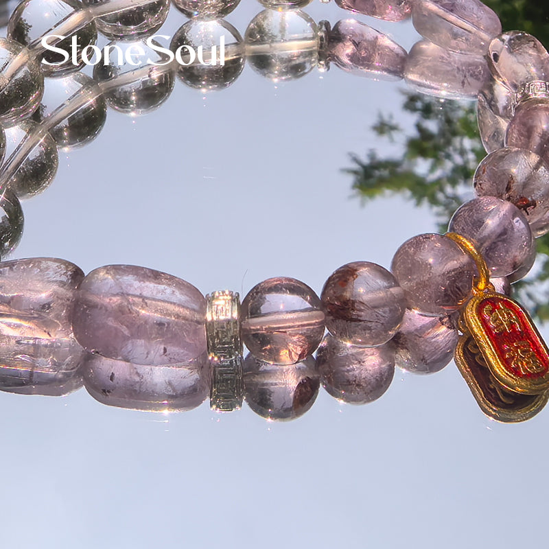 Harmonic Trinity Bracelet: White Quartz + Purple Phantom + Amethyst｜Wu Xing Metal & Fire Energy for Clarity, Wisdom & Manifestation