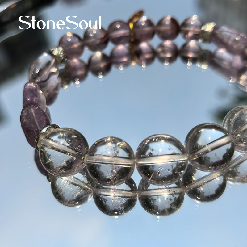 Harmonic Trinity Bracelet: White Quartz + Purple Phantom + Amethyst｜Wu Xing Metal & Fire Energy for Clarity, Wisdom & Manifestation