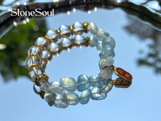 Clear Quartz & Aquamarine Energy Conductor Bracelet – Clarity + Courage Amplified, 24K Gold Spacers for Metal-Water Harmony (Feng Shui Approved)