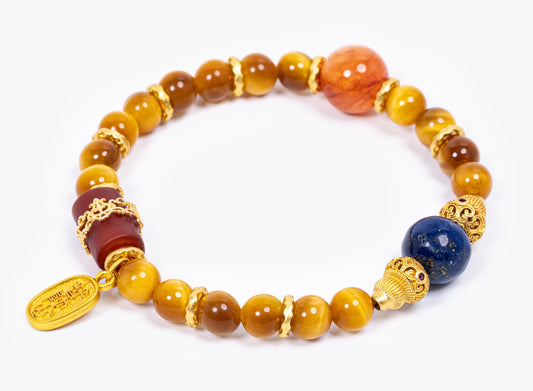 Putuoshan Power & Balance Crystal Bracelet: Golden Tiger’s Eye, Lapis Lazuli & Red Flower Agate—Blessed by China’s Sacred Mountain for Strength and Harmony